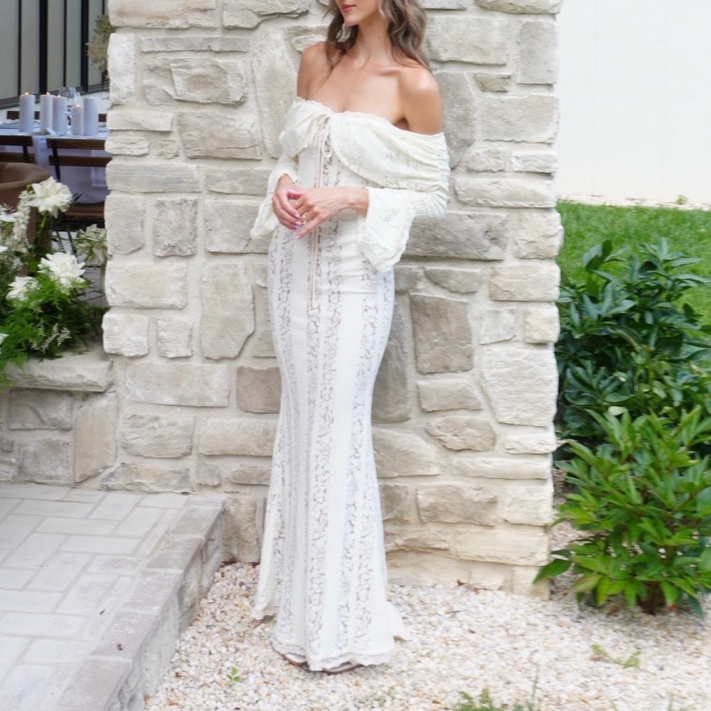 Miss Rosier Émeline floral lace off-shoulder maxi dress